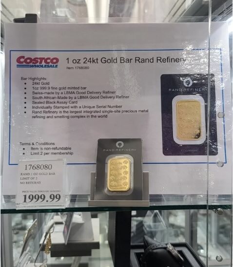 gold bar on display in a Costco Warehouse location