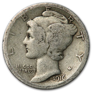 Example of a 1916 Mercury Dime in Circulated, but Good or Fine condition