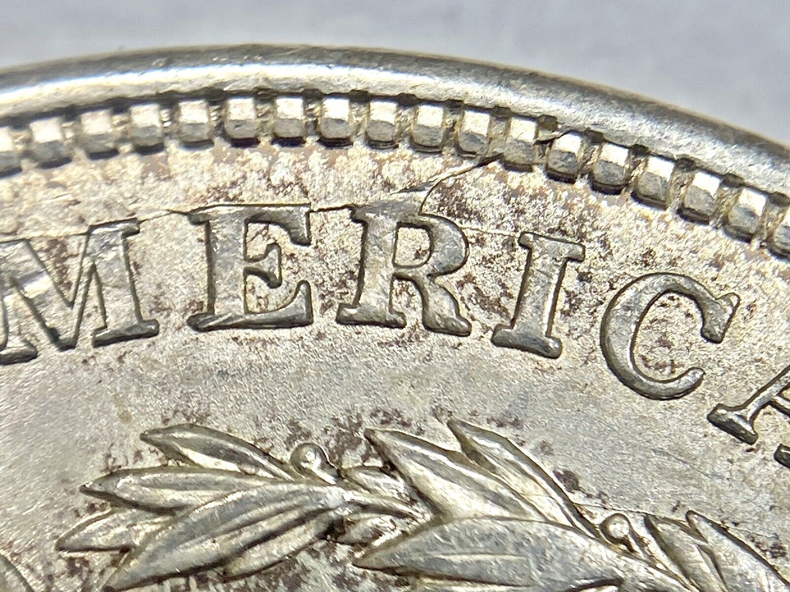 Closeup showing a die clash on a 1921 Morgan Silver Dollar