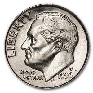 1996-W Roosevelt Dime, in high grades is valued from $10 to $45