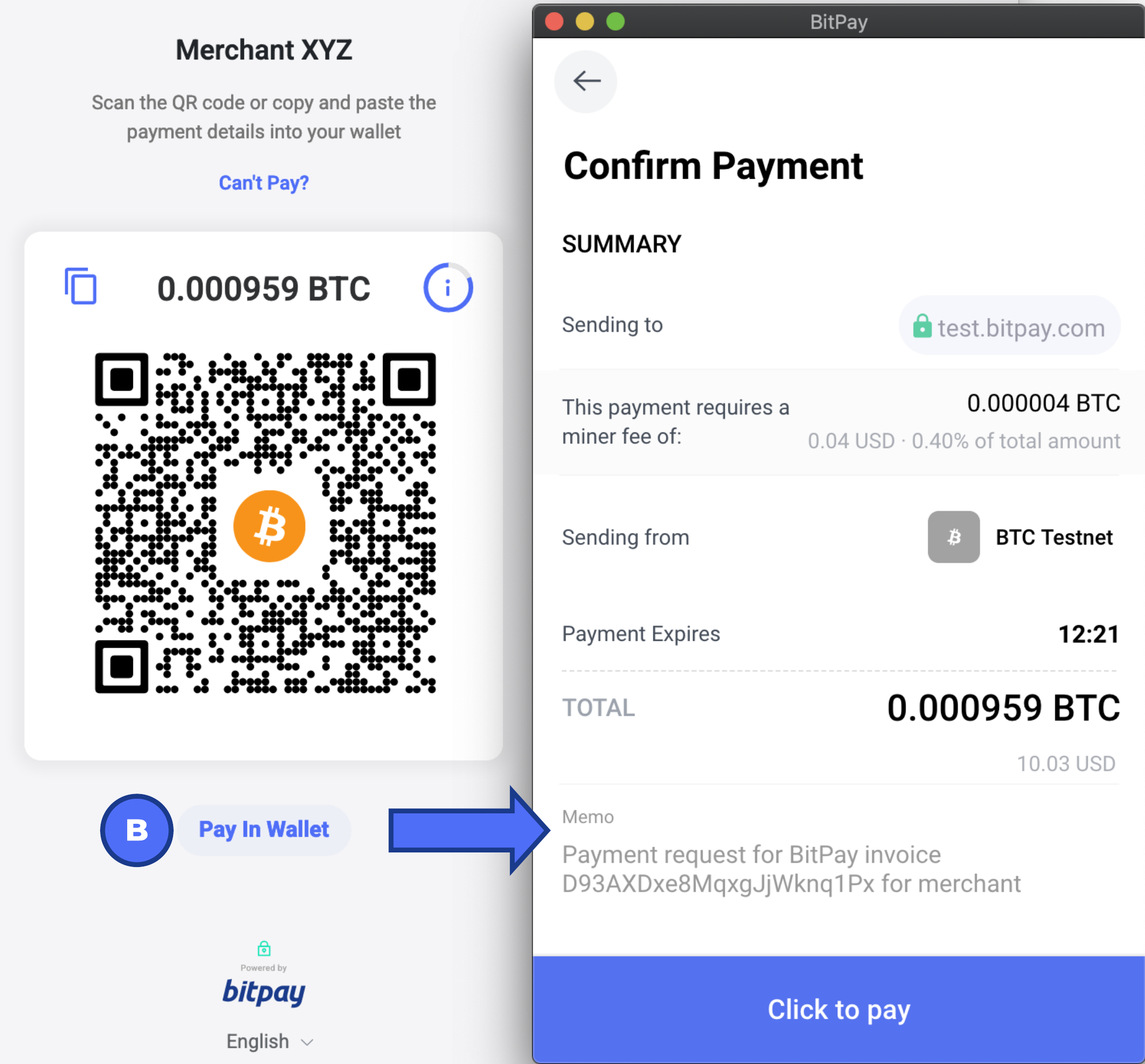 scanning the qr code to pay in the bitpay wallet