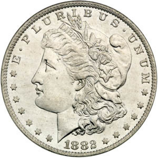 Obverse of an 1882 Morgan Silver Dollar Value: $45 to $65