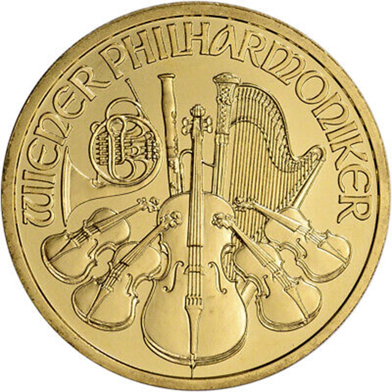 2025 Philharmonic Gold Coin Obverse depicting a variety of instruments