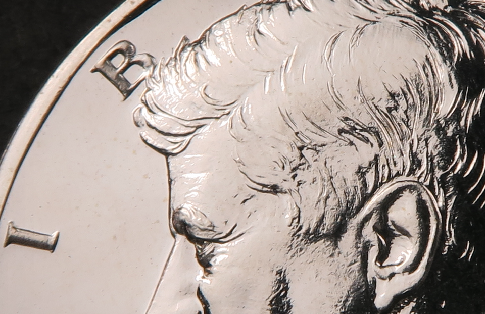 Close up showing the Accented Hair Detail of a 1964 Kennedy Proof Half Dollar