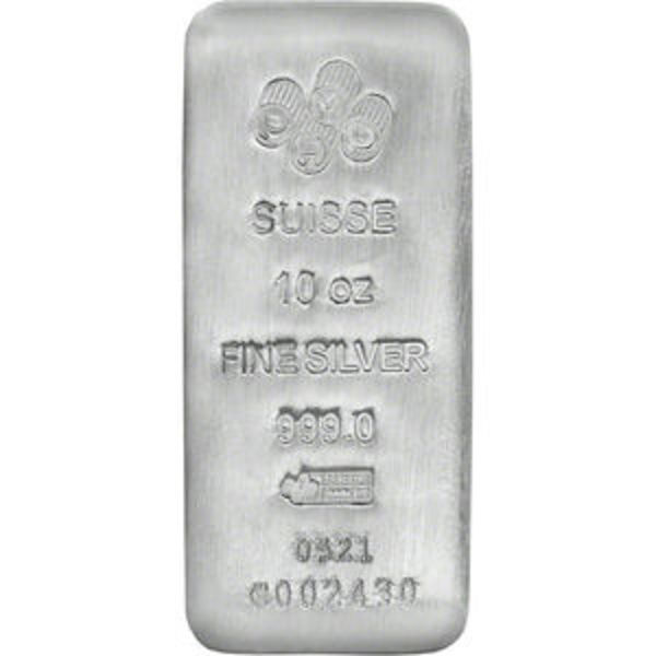 Front of a PAMP Suisse 10 oz Silver Bar with serial number