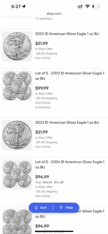 Counterfeit American Eagle bullion coin listings on eBay