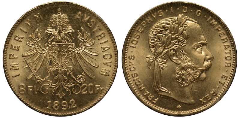 Dual Denomination 1892 Austria 20 Francs/8 Florins Vintage Gold Coin