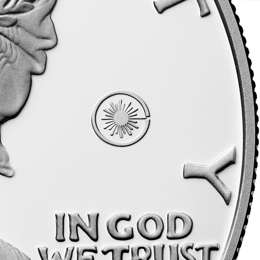 Closeup of the privy mark 2025 Laser Engraved American Eagle Proof Silver Coin 25eale