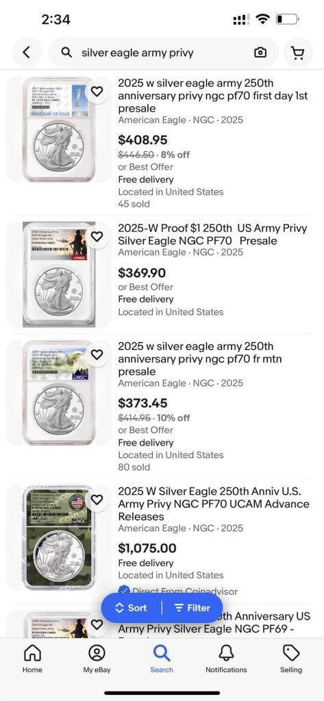 Recent eBay Listings showing the 2025 Silver Eagle Proof Army  Privy coin for sale prices