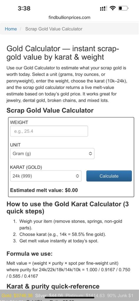 scrap gold calculator screenshot