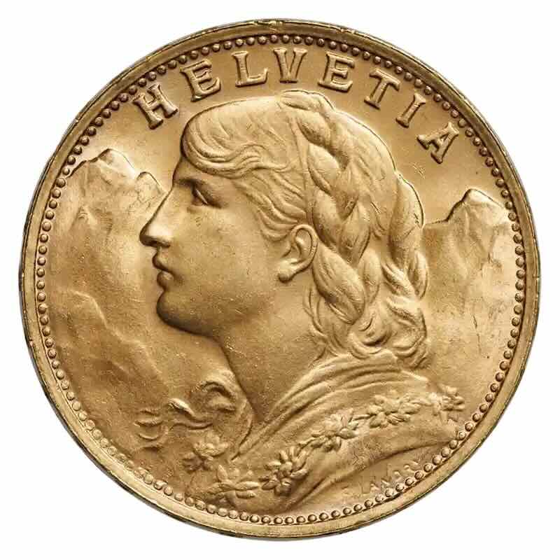 Switzerland 20 Francs Helvetia Gold Coin
