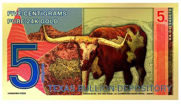 Texas Longhorn Steer "Redback" foil note with 5 centigrams of 24k pure gold