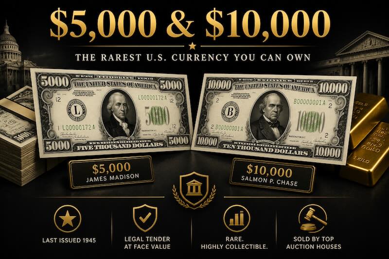 $5,000 & $10,000 Bill Values: The Rarest US Currency Still Legal Tender