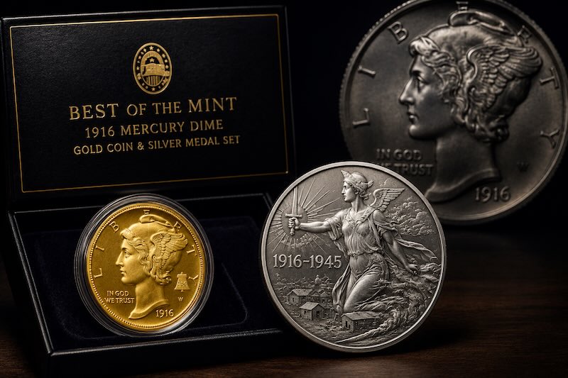 Best of Mint Set 1916 Mercury Dime Gold Coin and silver Medal Set