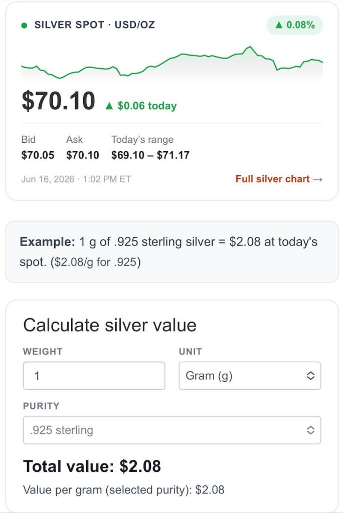 sterling silver value calculator tool screenshot