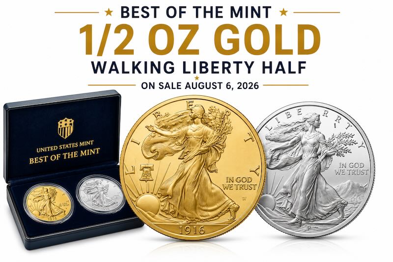 Best of the Mint - 1/2 oz Gold 1916 Walking Liberty Half Dollar and Silver Medal Set