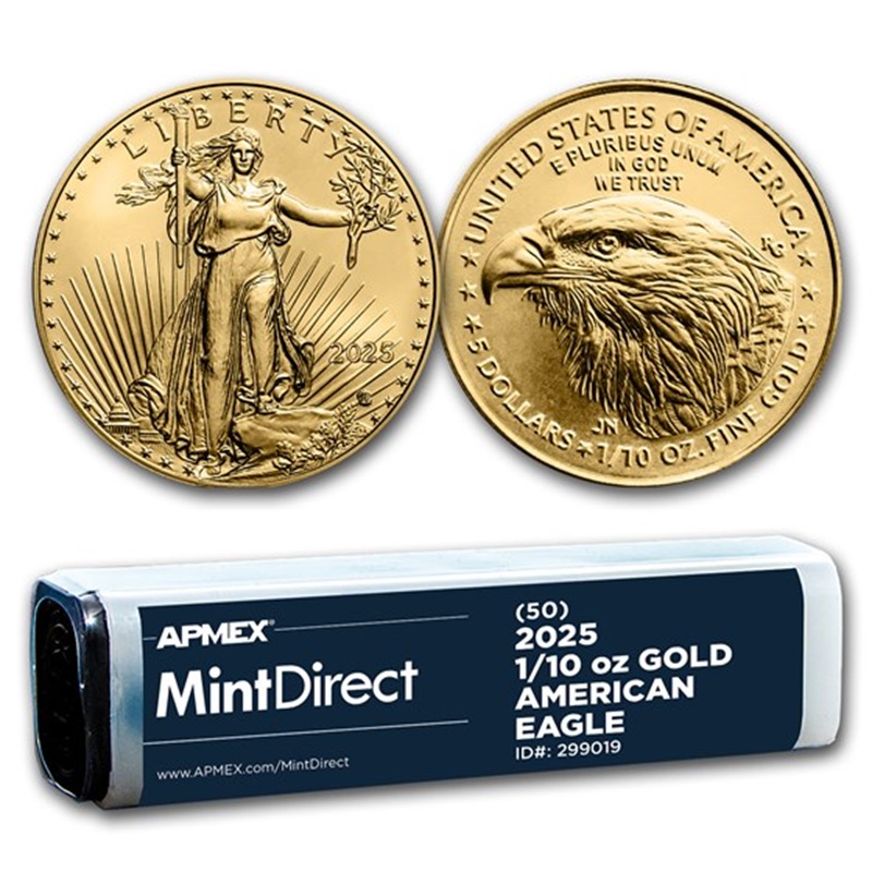 Compare 2025 1/10 oz American Gold Eagles (50-Coin Tube) prices