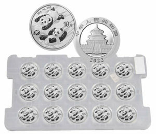 Compare silver prices of 2022 Chinese Panda 10元 (10 yuan) 30 gram Silver Sheet of 30 Coins