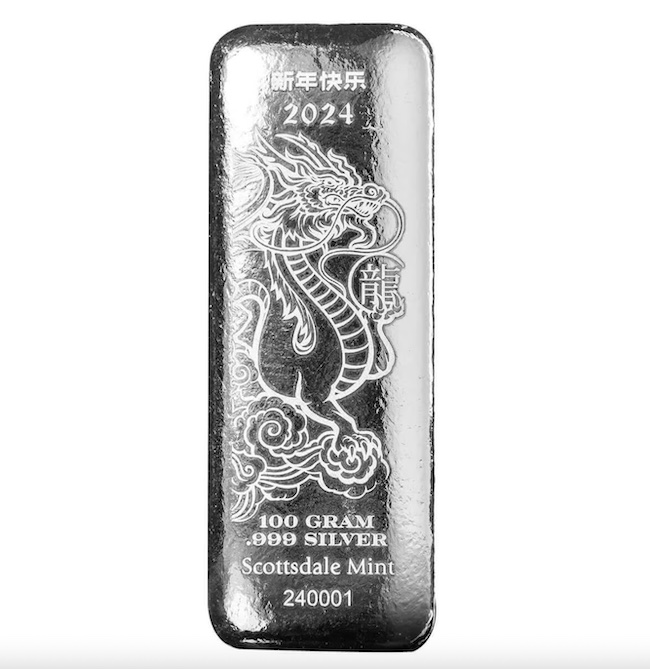 100 Gram Scottsdale Mint Lunar Dragon Silver Bar
