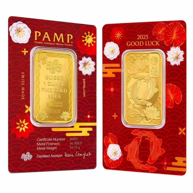 Compare 2025 1 oz PAMP Suisse Good Luck Koi Fish Gold Bar .9999 Fine (in Assay) prices
