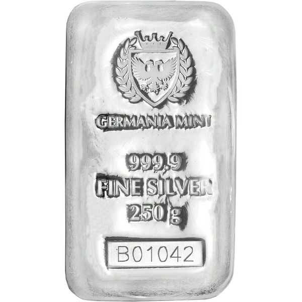Compare silver prices of 250 gram Germania Mint Silver Bar 999 Fine