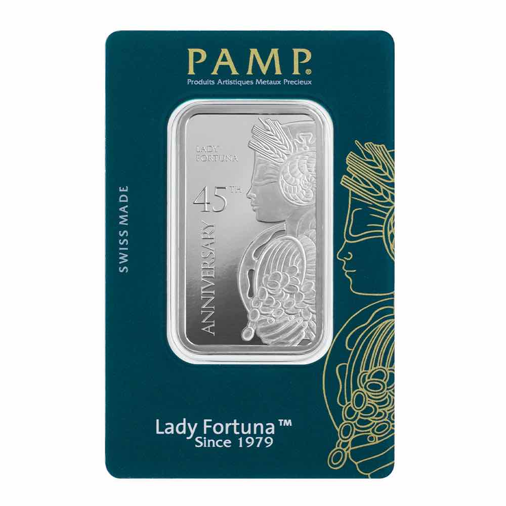 Compare PAMP Suisse 45th Anniversary Lady Fortuna 1 oz Silver Bar  prices
